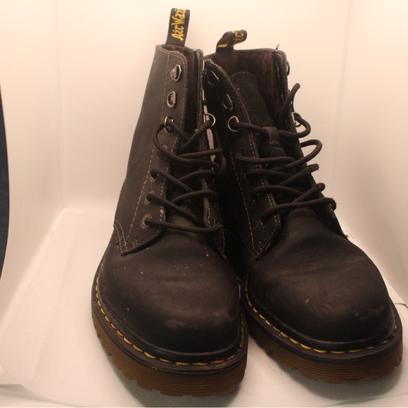 Womens Dr. Martens Black Leather Boots with Yellow Stitching - Picture 2 of 8